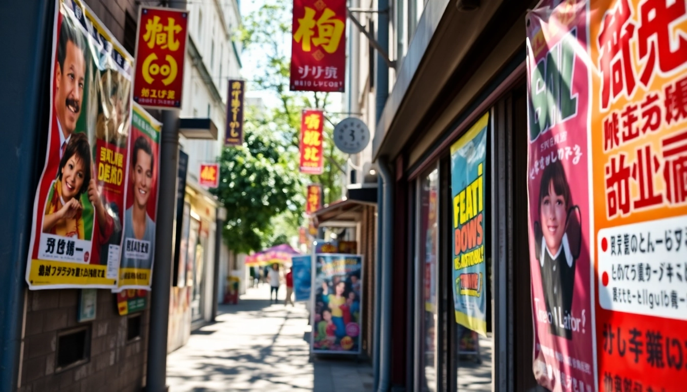 Showcase of vibrant posters showcasing poster printing Dublin services in an urban setting.