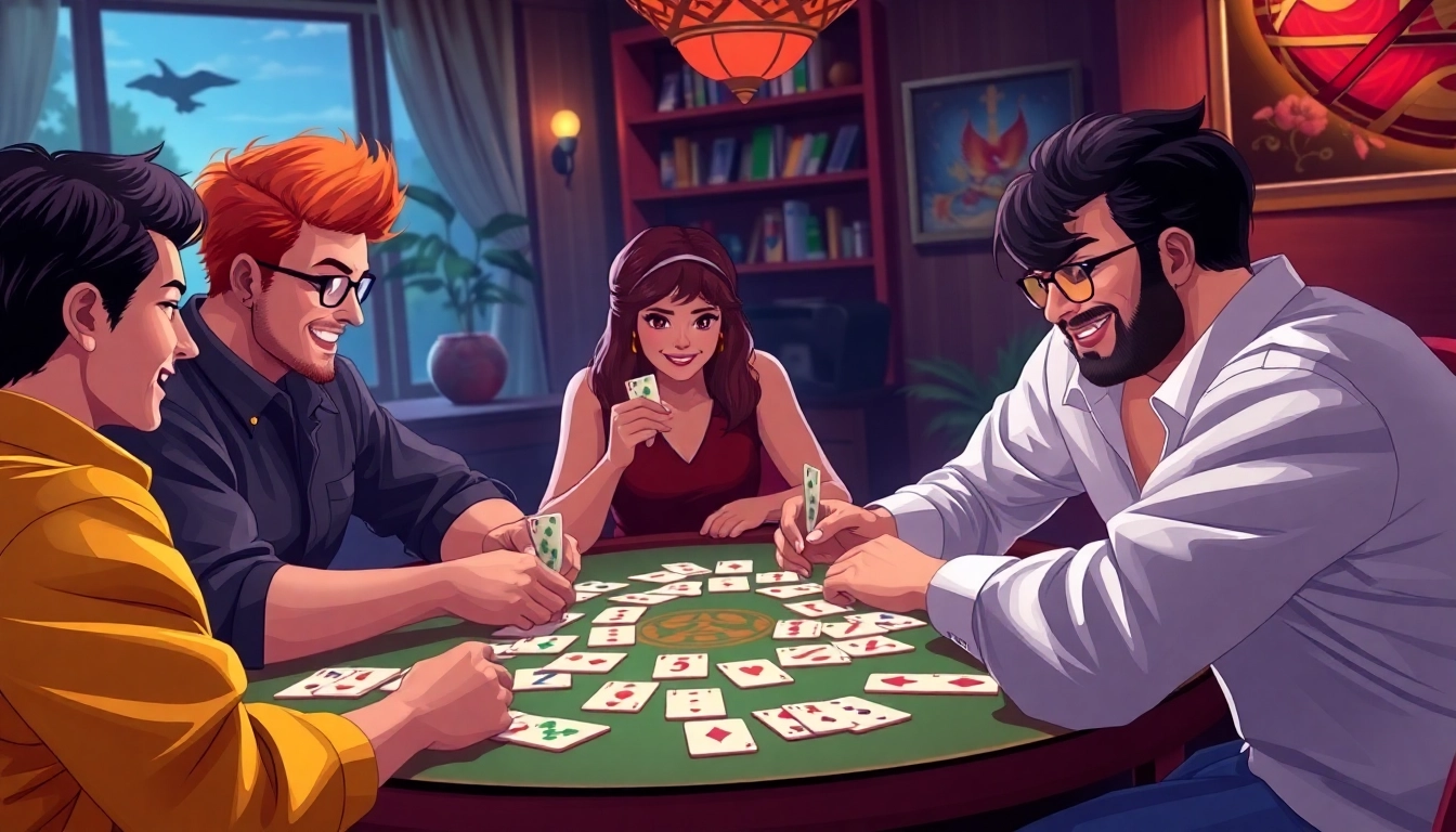 Enjoy a thrilling Rummy Wealth game with engaging players and colorful cards in a cozy setting.