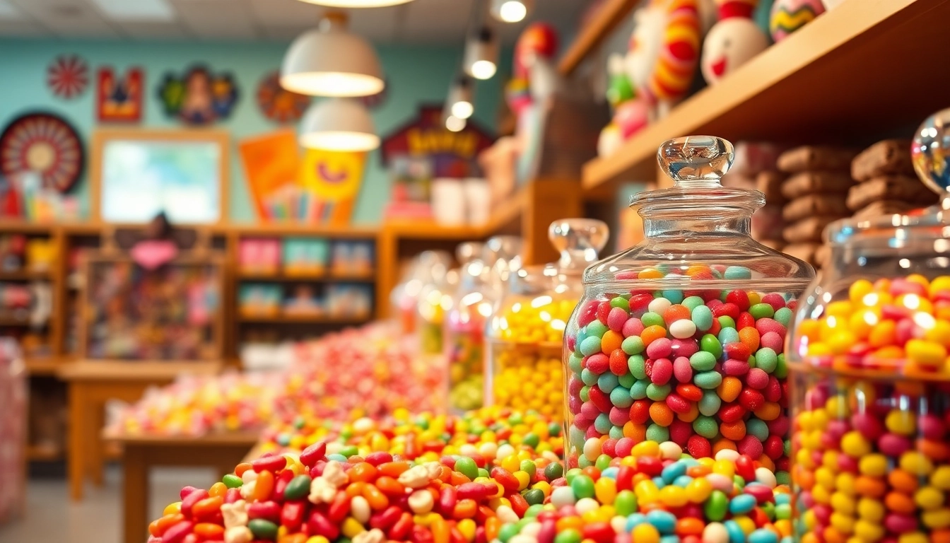 Find a delightful candy store near me featuring an array of colorful candies displayed beautifully.