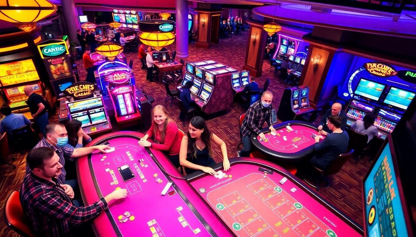 Engage with the vibrant ok win casino environment featuring players and colorful gaming tables.