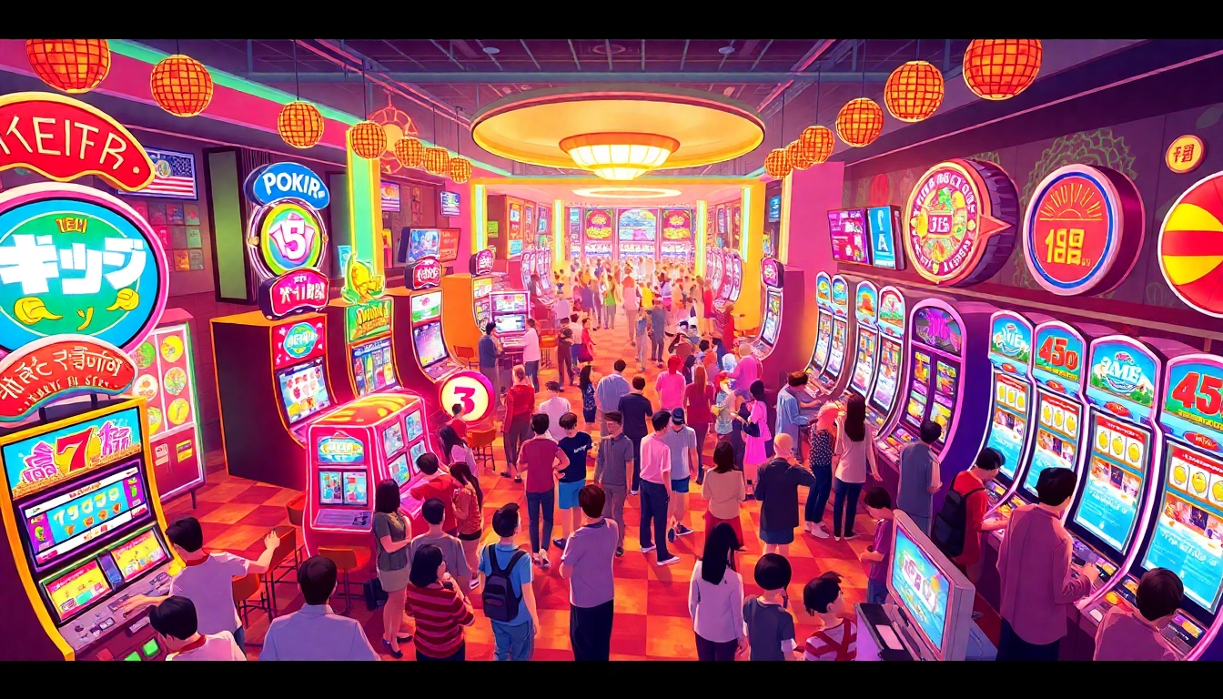 Players engaged in various เกมสล็อต machines, enjoying an exciting casino atmosphere.