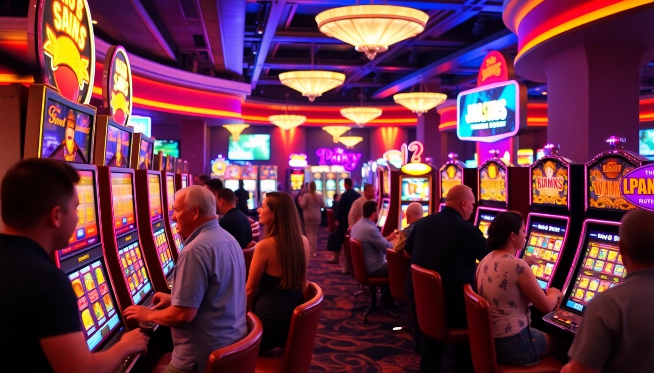 Experience the thrill of the best casino game with players enjoying vibrant slot machines.