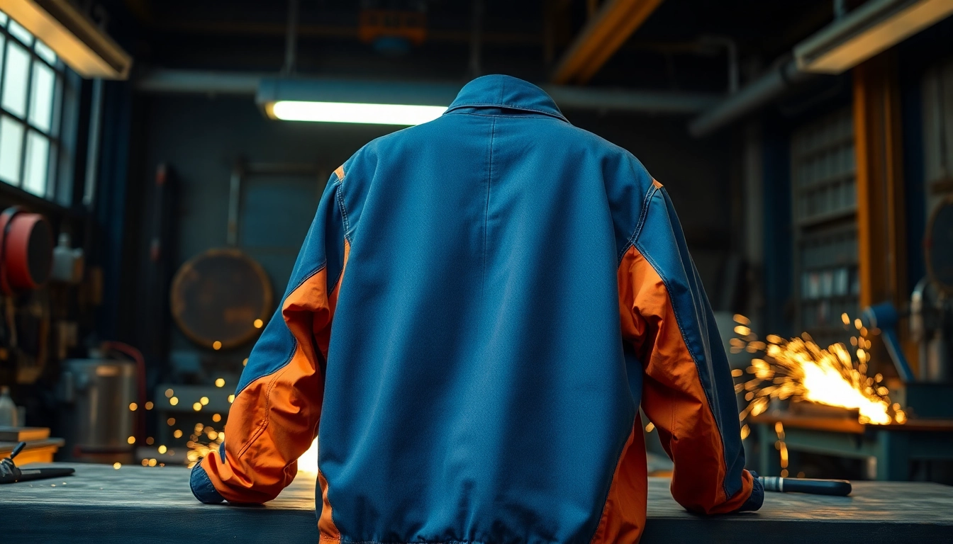 Showcasing a durable welding jacket demonstrating flame resistance and quality materials on a workbench.