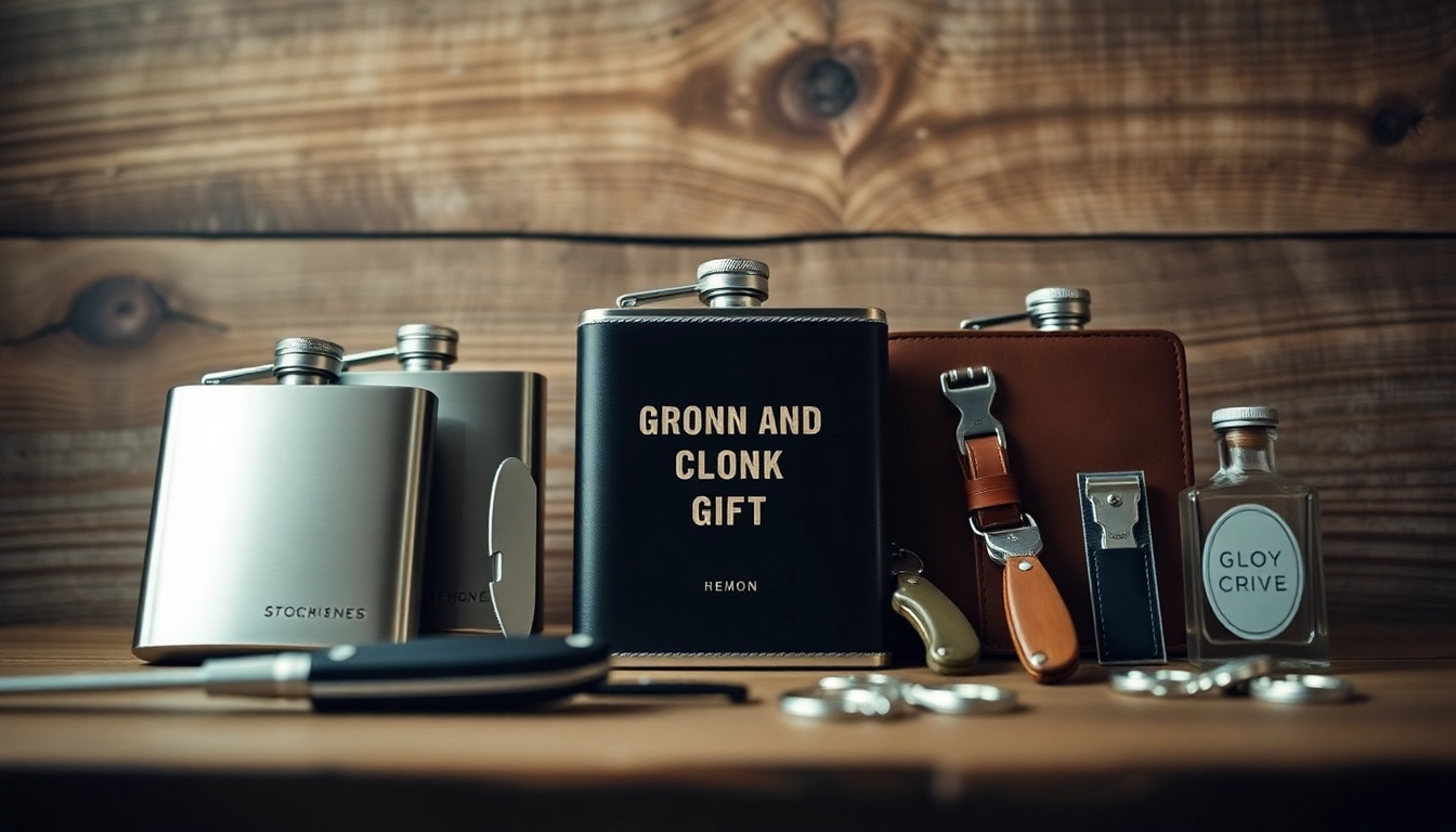 Showcase of cheap groomsmen gifts including personalized flasks and keychains on a rustic table.