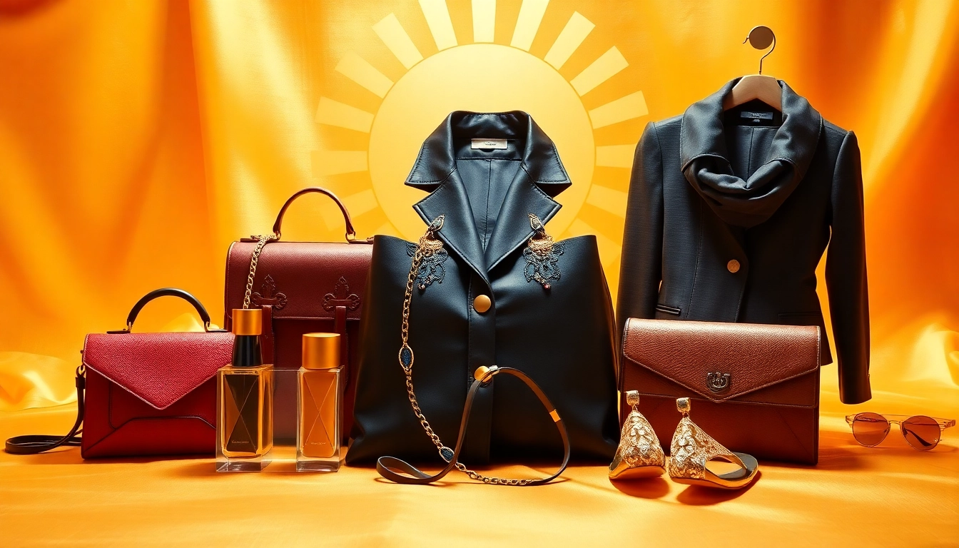 Showcase Soleil Dor luxury fashion items highlighted against a radiant golden sun backdrop.