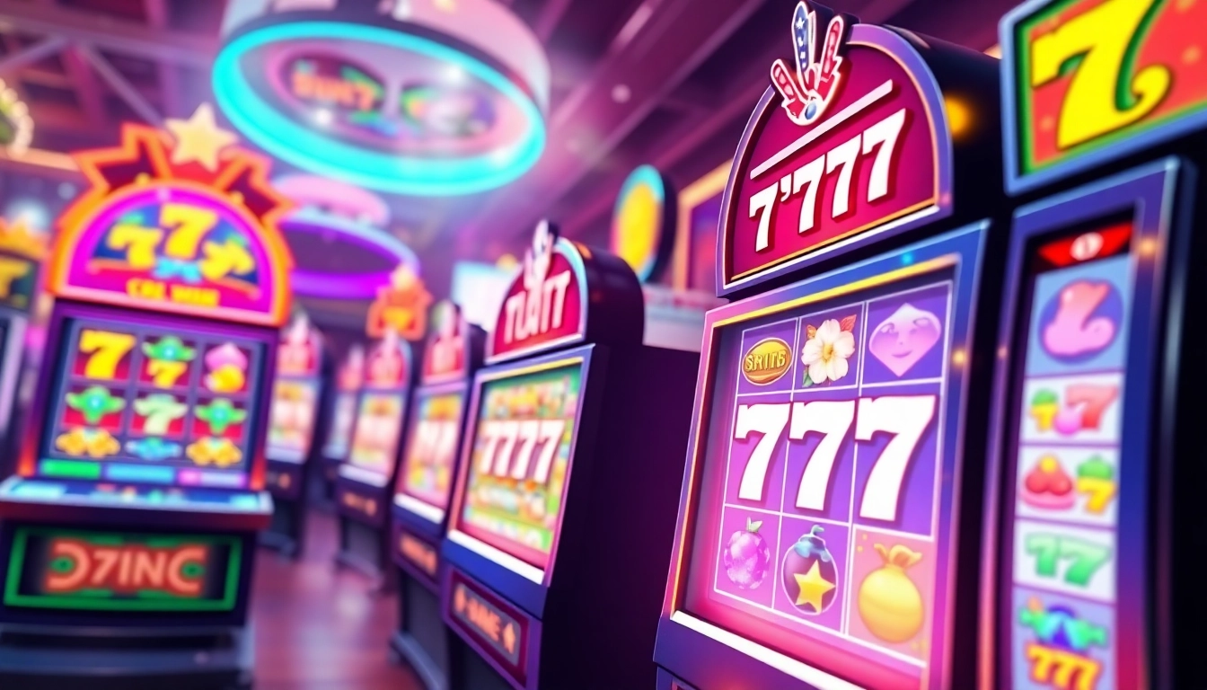 Engaging scene of สล็อต777 slot machines with colorful reels and neon lights, inviting players to enjoy an exciting casino experience.