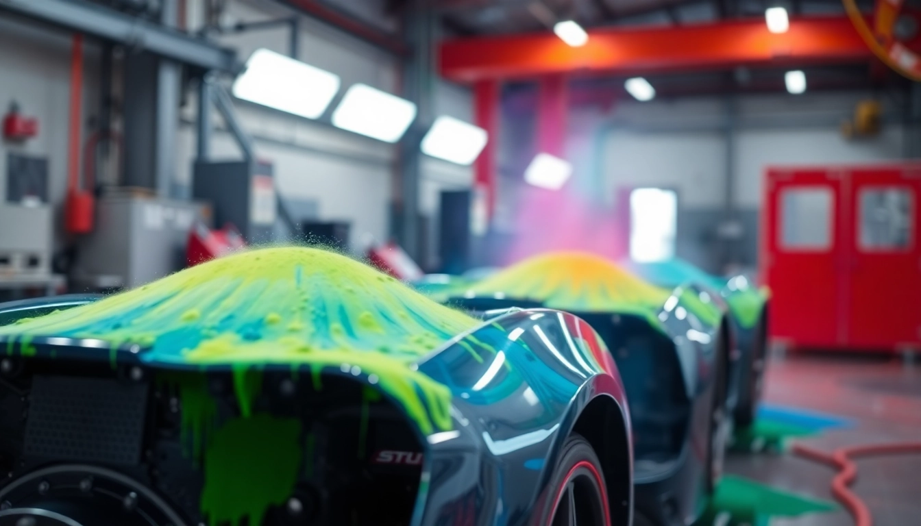 Powder coating application process showcasing colorful powders on automotive parts.