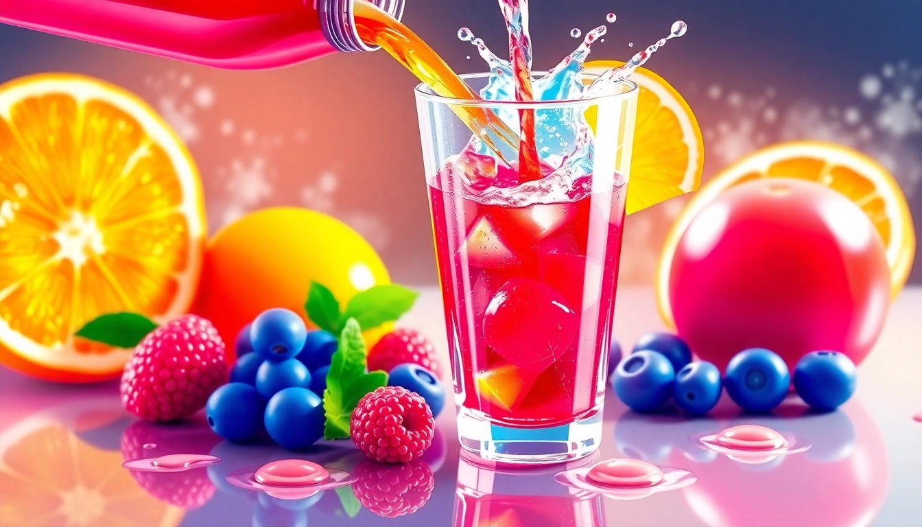 Refreshing sportsdrink splashing into a glass, surrounded by fresh fruits like oranges and berries.