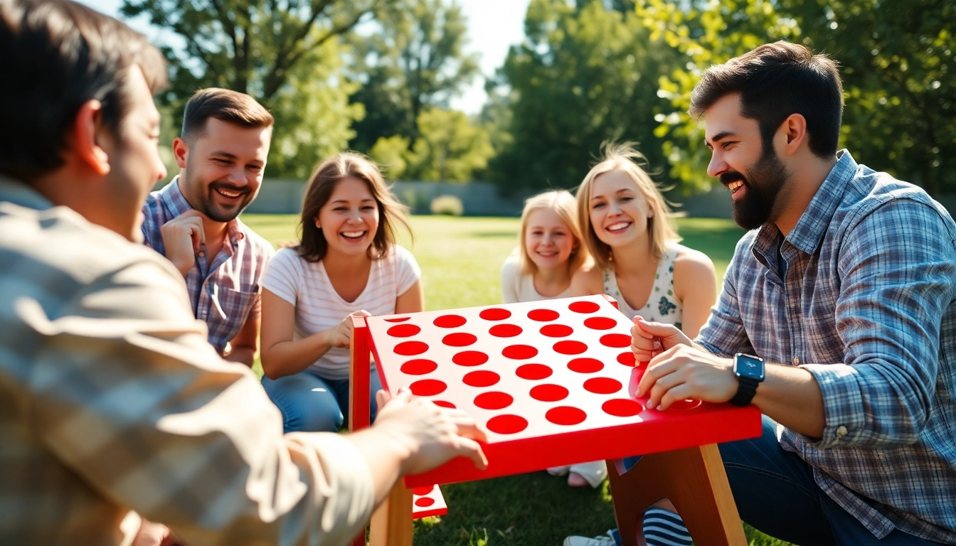 Playing Giant Connect Four at a sunny backyard gathering, showcasing vibrant colors and family fun.