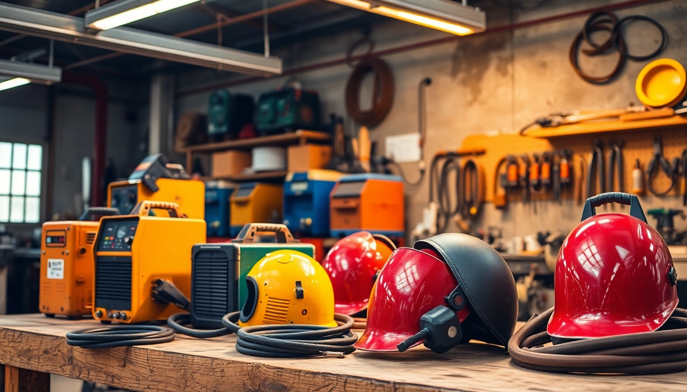 Explore various welding supplies including helmets and equipment arranged neatly in a workshop.