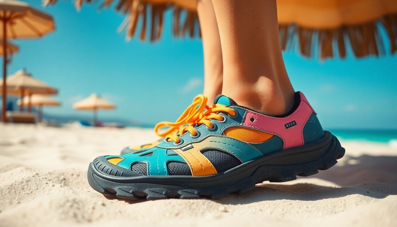 Here are stylish beach shoes displayed on sunlit sand, perfect for seaside adventures.