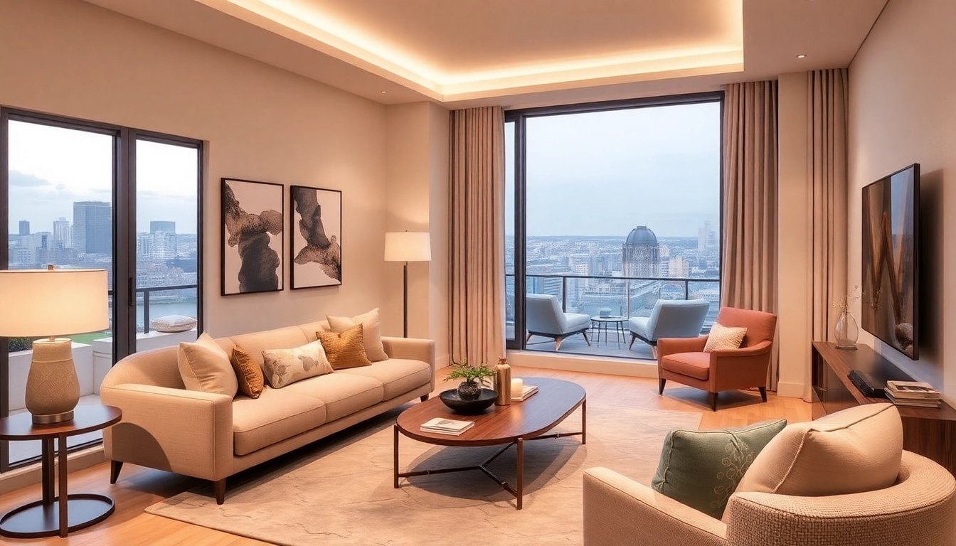 Relax in the stylish Bloomsbury Residences living area with elegant decor and stunning views.