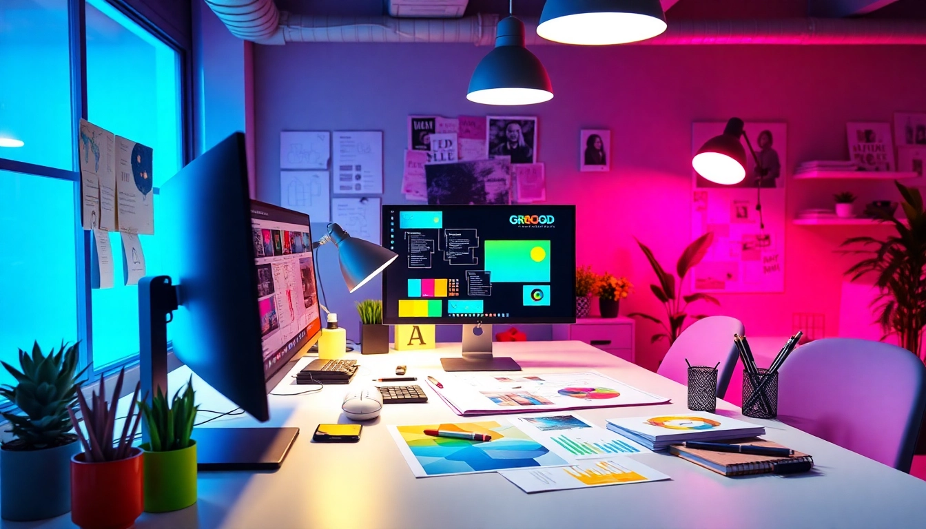 Professional Graphic Design workspace featuring a designer working with colorful sketches and a computer