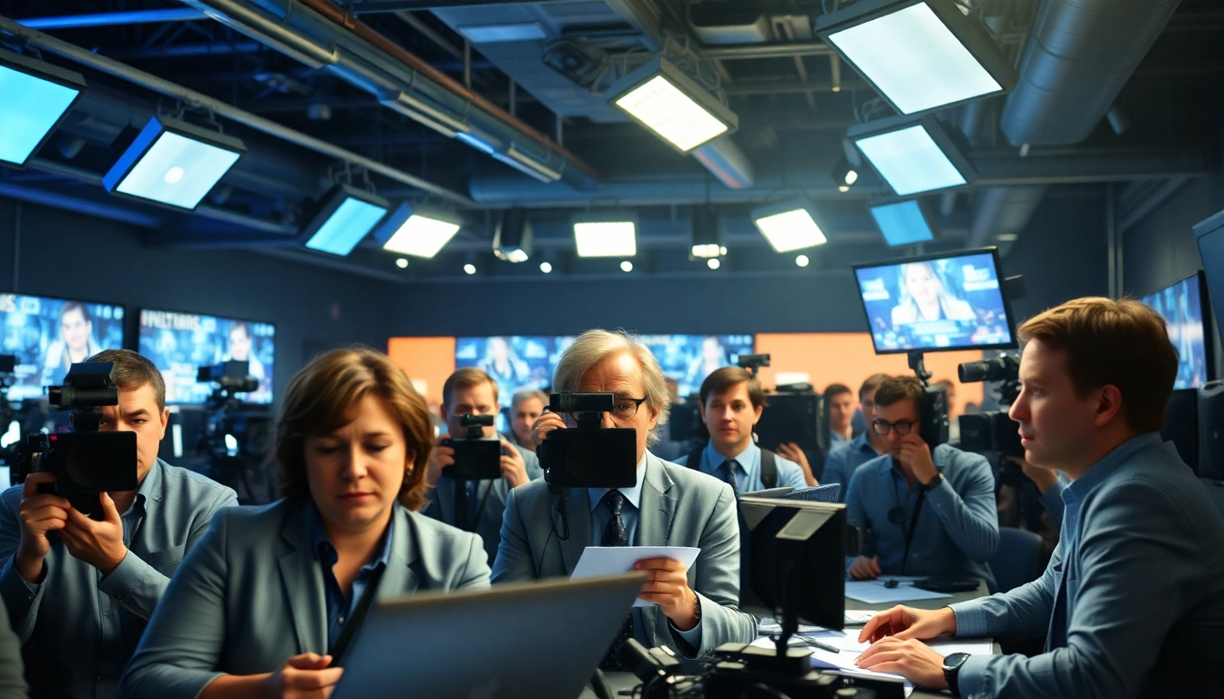 Journalists reporting the latest news in a busy newsroom environment, illustrating the dynamic world of news.