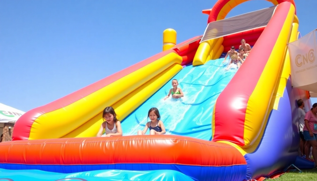 Engaging slide rental experience with children enjoying a colorful inflatable water slide at a festive event.