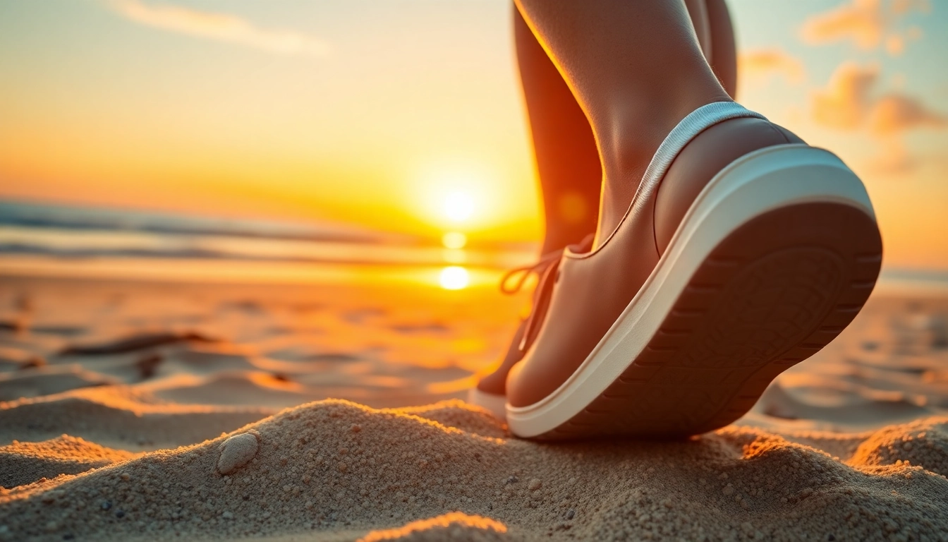 Here stylish beach shoes showcasing durability against a stunning sunset backdrop.