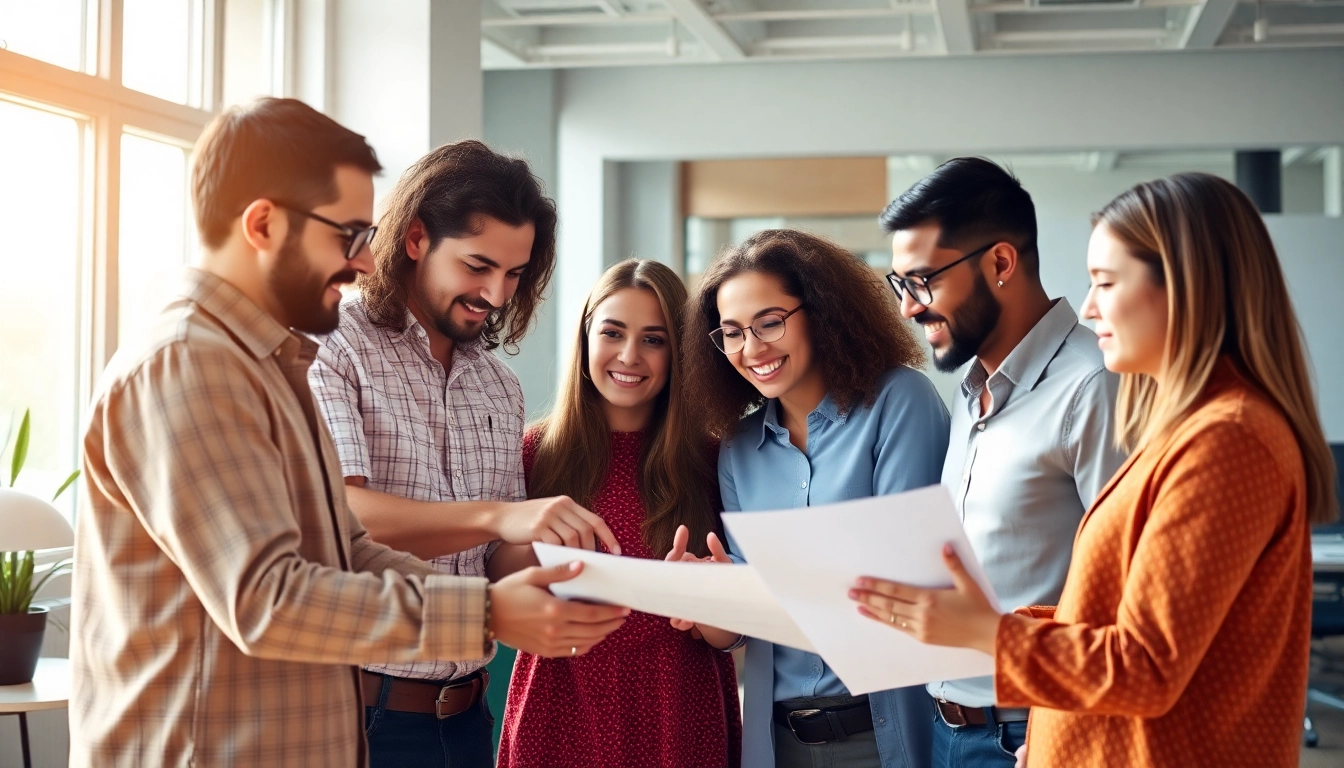 Team collaborating on outsourcing strategies in a modern office environment.