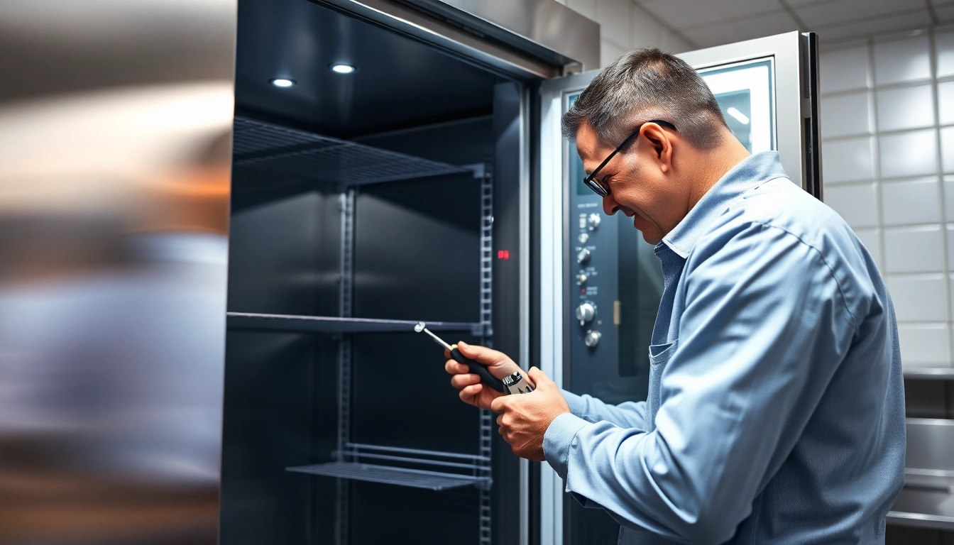 Expert technician performing walk in freezer repair in a commercial kitchen, showcasing detailed service equipment and process.