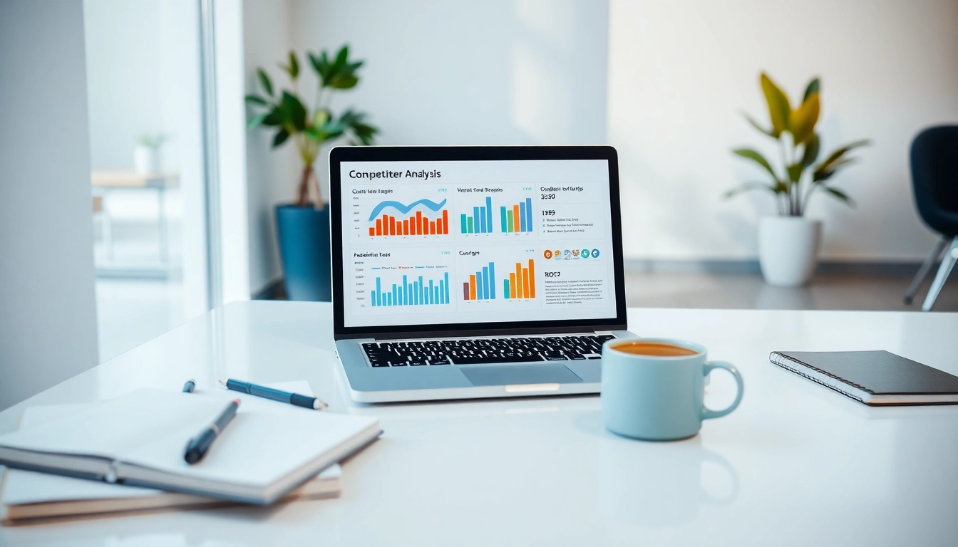 Visualize a competitor analysis process with charts and a laptop in a modern workspace.