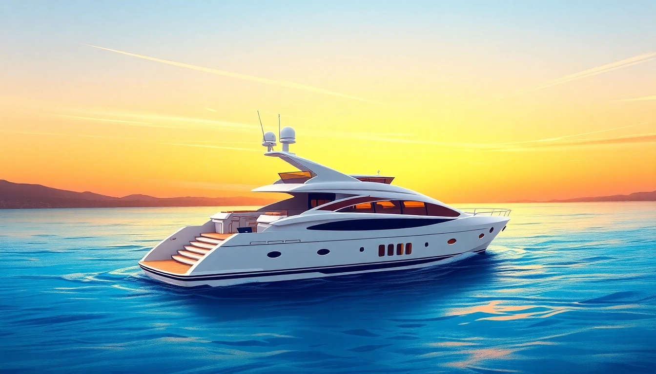 Luxurious yacht boat gliding smoothly across tranquil waters during a stunning sunset.