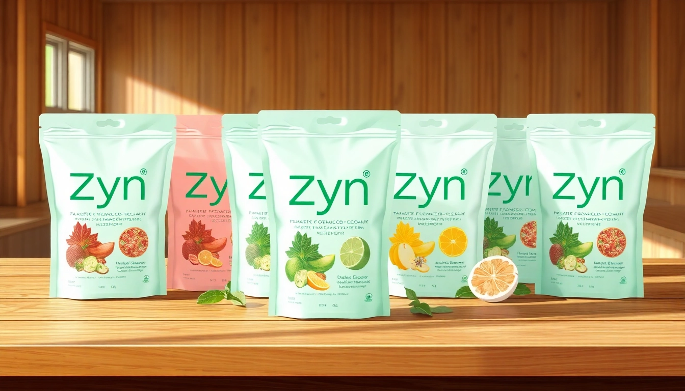 Zyn Bahrain showcases an array of flavored nicotine pouches beautifully arranged on a wooden surface.